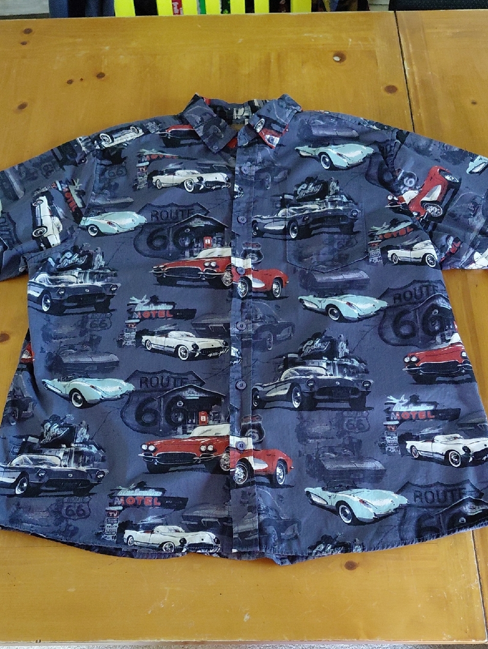 Vtg Clearwater Classic Car Route 66 Graphic Button Down Shirt Size XL